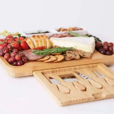 Bamboo Charcuterie Board and Knife Set Wood Kitchen Cheese Board with Ceramic Bowl
