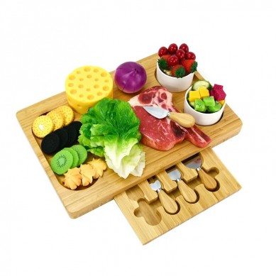 High Quality Bamboo Cheese Board With Knife Set Meat Platter Food Serving Tray and 2 Ceramic Bowls
