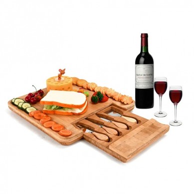 Large Bamboo Cheese Cutting Board Set and Knife Set With Hidden Slide Drawers