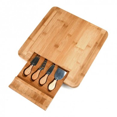 Bamboo Wood Cheese Cutting Board with Cutlery Set with 4 Knives Tools Slide-out Utensils Drawer