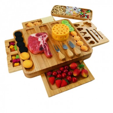 Die Cut Cutting Bamboo Cheese Charcuterie Board 4 Drawers With Cutlery Knives Set 2 Extra Trays Plates Utensils