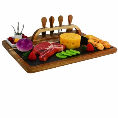 Acacia Wood Cheese Charcuterie Cutting Board With Knife Set Holder Rack Slate Ceramic Cutlery Tray Forks