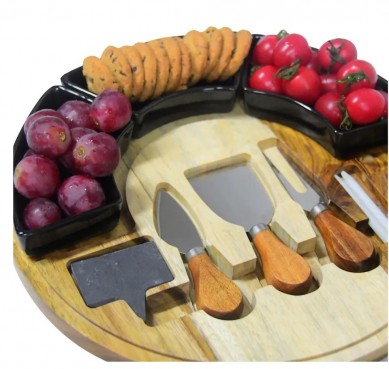 Round Cheese Board and Knives Set, Acacia Wood & Appetizer Serving Tray with Ceramic Bowls