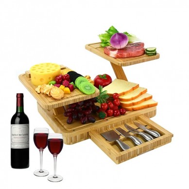 Multifunction Premium 2 Tier Bamboo Cheese Cutting Board Set Charcuterie Platter Serving Tray and Knife Set with Drawer