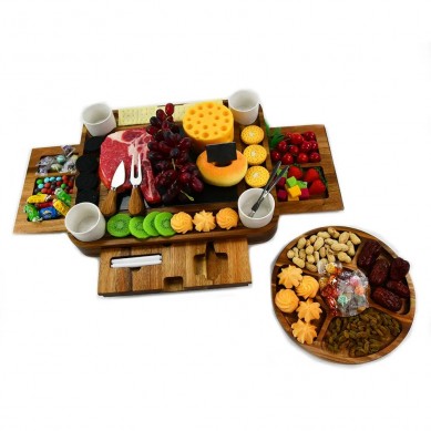 New Design High-Grade Acacia Wood Cheese Board Set With Rubber Feet Round 5 Section Fruit Tray Magnetic Slide-Out Drawers