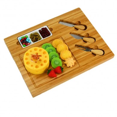 Hot Selling Food Grade Epoxy Bamboo Wooden Charcuterie Cheese Platter Board Knife Set With Wine Opener Sauce Dish