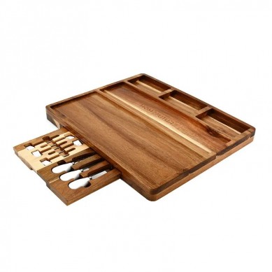 Acacia Wood Cheese Board With 7 Piece Stainless Steel Cutlery Set and 3 Ceramic Bowl