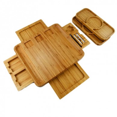 Unique Extra Large Bamboo Wooden Cheese Board Knife Set Charcuterie Platter & Serving Tray with 4 Slide-Out Drawers