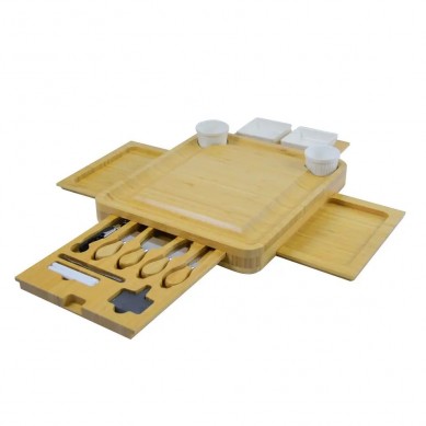 Hot Sale Charcuterie Serving Tray Natural Bamboo Wood 4 Magnetic Slide-Out Drawers Cheese Cutting Board with Knife Set