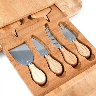 Exquisite New Design Eco-Friendly Bamboo Wooden Cheese Board with Cutlery Set and Grooves Slate