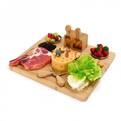 Large Bamboo Cheese Board Charcuterie Platter With 4 Stainless Steel Tools 2 Ceramic Trays 4 Cheese Markers