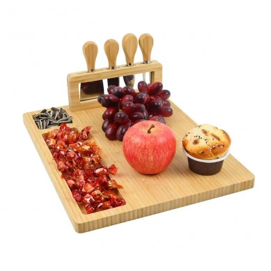 Bamboo Cheese Board Food Platter With 4 Stainless Steel Knives and 1 Ceramic Bowl