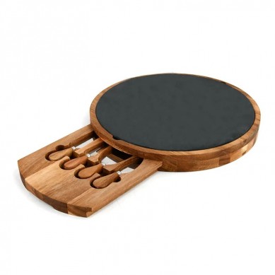 Premium Acacia Wood Round Cheese Board Bamboo Cheese Serving Platter Wooden Cutting Board and Knife Set