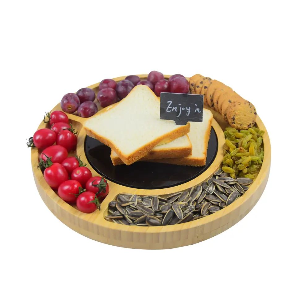 Good quality Granite Cooking Stone - Bamboo Round Cheese Board and Knife Set Black Marble – 100% Organic Wood Serving Tray Charcutery Board – Shunstone