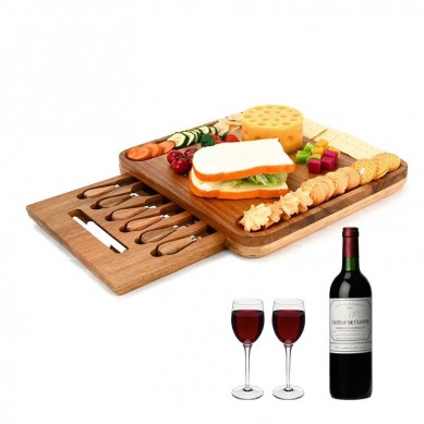 Natural Bamboo Wood Charcuterie Board Set Serving Platter with 4 Stainless Steel Cheese Knives and Server