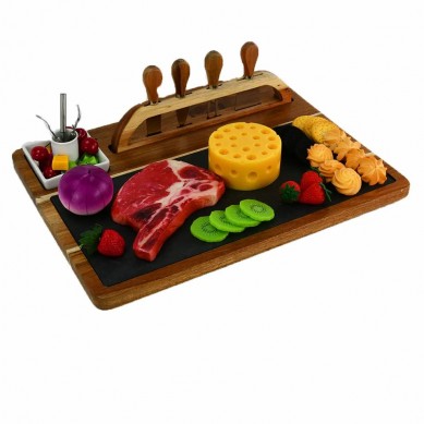 Acacia Wood Cheese Charcuterie Cutting Board With Knife Set Holder Rack Slate Ceramic Cutlery Tray Forks