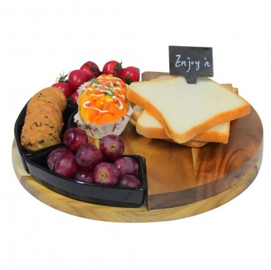 Round Cheese Board and Knives Set, Acacia Wood & Appetizer Serving Tray with Ceramic Bowls