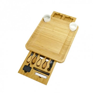 Bamboo Cheese Board With Cutlery Server Set, Platter Tray With 2 Ceramic Bowls & 3 Slate Labels & 2 Chalk Markers