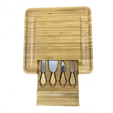 Bamboo Cheese Board And Knife Set Wood Charcuterie Boards Cheese Platter Meat Cutting Board with 4 Stainless Steel Knives