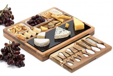 Luxury Acacia Wood Charcuterie Board and Cheese Serving Platter with Slate 3 Ceramic Bowls Unique Handcrafted Design
