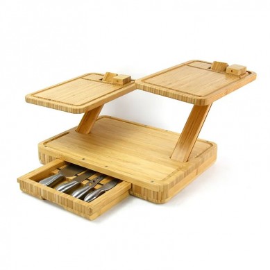 Multifunction Premium 2 Tier Bamboo Cheese Cutting Board Set Charcuterie Platter Serving Tray and Knife Set with Drawer