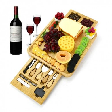 Cheese Cutting Board Charcuterie Platter Serving Tray with 2 Magnetic Hidden Slide Drawer for Wine, Crackers, Brie and Meat