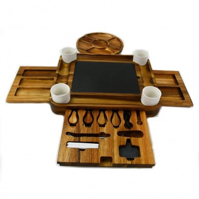 New Design High-Grade Acacia Wood Cheese Board Set With Rubber Feet Round 5 Section Fruit Tray Magnetic Slide-Out Drawers