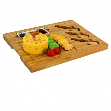 Hot Selling Food Grade Epoxy Bamboo Wooden Charcuterie Cheese Platter Board Knife Set With Wine Opener Sauce Dish