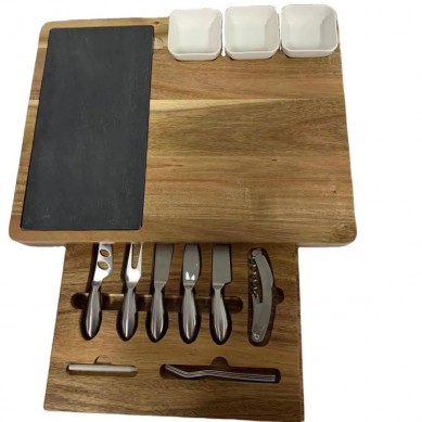 Acacia Wood Cheese Board With 7 Piece Stainless Steel Cutlery Set and 3 Ceramic Bowl