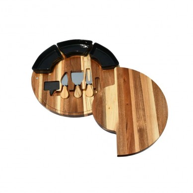 Smirly Round Bamboo Wood Cheese Boards Charcuterie Boards And 3 Black Ceramic Bowls For Kitchen