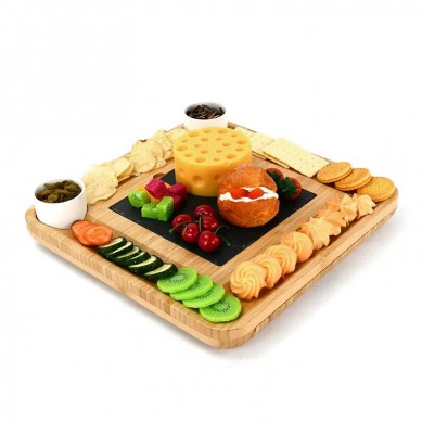 New Design 2022 Bamboo Charcuterie Platter Set Slate Cheese Board and Knife Set& Ceramic Cup Fancy House Warming Gift