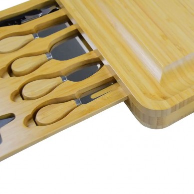 Hot Sale Charcuterie Serving Tray Natural Bamboo Wood 4 Magnetic Slide-Out Drawers Cheese Cutting Board with Knife Set