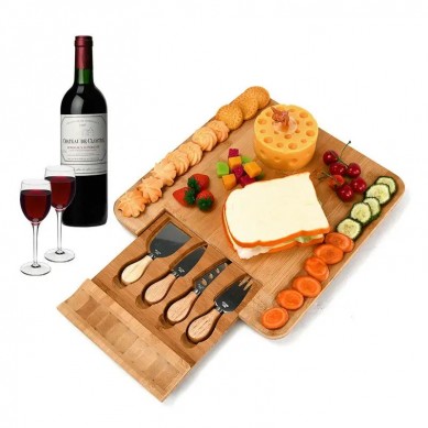 Exquisite New Design Eco-Friendly Bamboo Wooden Cheese Board with Cutlery Set and Grooves Slate