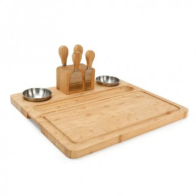 Large Bamboo Cheese Board Charcuterie Platter With 4 Stainless Steel Tools 2 Ceramic Trays 4 Cheese Markers