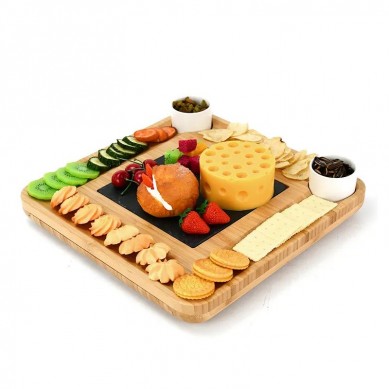 Premium Charcuterie Board Organic Wood Serving Tray Bamboo Cheese Board with Slate and Ceramic Bowls for Birthday Gift