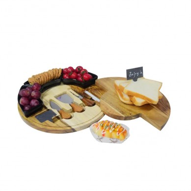 High Quality Acacia Wood Round Cheese Board and Knives Set with Ceramic Bowls, Knife Spreaders, Slates, Chalk