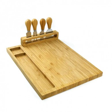 Bamboo Cheese Board Food Platter With 4 Stainless Steel Knives and 1 Ceramic Bowl