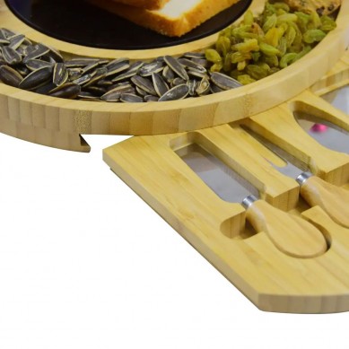 High Quality Factory Price Cheap Round Bamboo Wood Charcuterie Serving Platter Cutting Cheese Board with Marble and Knife Set