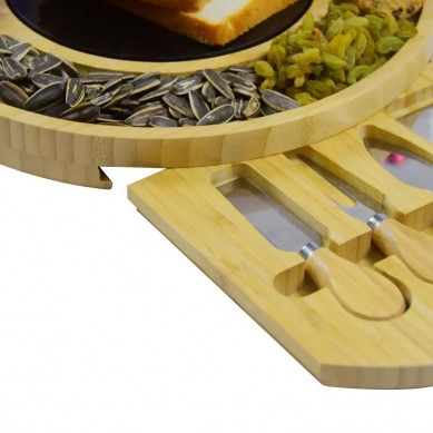 High Quality Factory Price Cheap Round Bamboo Wood Charcuterie Serving Platter Cutting Cheese Board with Marble and Knife Set