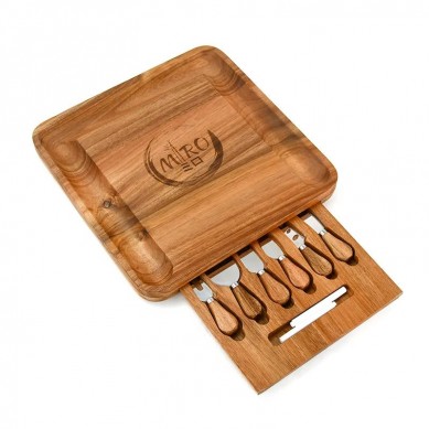 Natural Bamboo Wood Charcuterie Board Set Serving Platter with 4 Stainless Steel Cheese Knives and Server