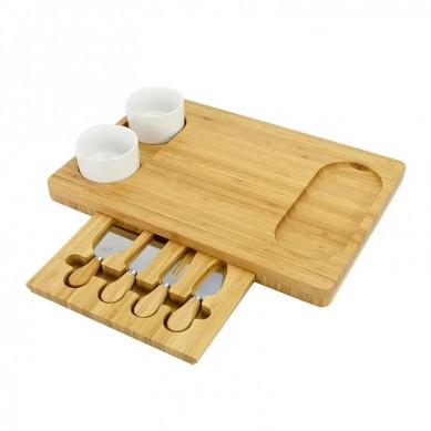 High Quality Bamboo Cheese Board With Knife Set Meat Platter Food Serving Tray and 2 Ceramic Bowls