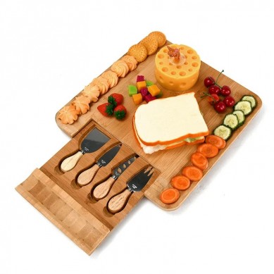 Bamboo Wood Cheese Cutting Board with Cutlery Set with 4 Knives Tools Slide-out Utensils Drawer