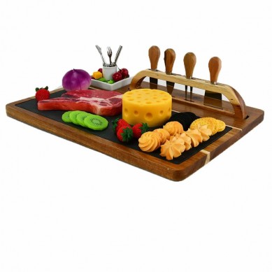 Acacia Wood Cheese Charcuterie Cutting Board With Knife Set Holder Rack Slate Ceramic Cutlery Tray Forks