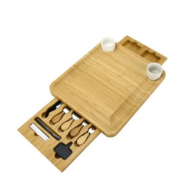 Bamboo Cheese Board With Cutlery Server Set, Platter Tray With 2 Ceramic Bowls & 3 Slate Labels & 2 Chalk Markers