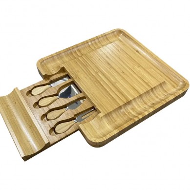 Bamboo Cheese Board And Knife Set Wood Charcuterie Boards Cheese Platter Meat Cutting Board with 4 Stainless Steel Knives