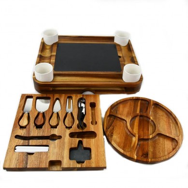 New Design High-Grade Acacia Wood Cheese Board Set With Rubber Feet Round 5 Section Fruit Tray Magnetic Slide-Out Drawers