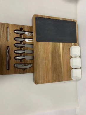 Acacia Wood Cheese Board With 7 Piece Stainless Steel Cutlery Set and 3 Ceramic Bowl