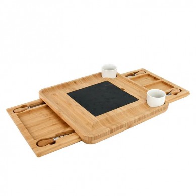 New Design 2022 Bamboo Charcuterie Platter Set Slate Cheese Board and Knife Set& Ceramic Cup Fancy House Warming Gift