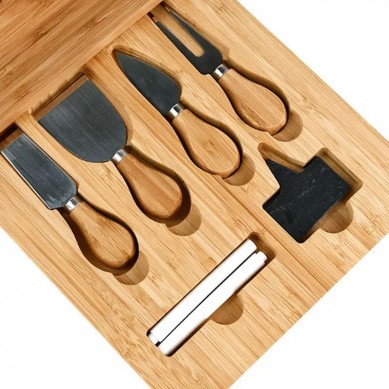 Exquisite Bamboo Cheese Board Charcuterie Set with Slide-Out Drawers Cutlery for Meat and Wine