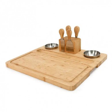 Large Bamboo Cheese Board Charcuterie Platter With 4 Stainless Steel Tools 2 Ceramic Trays 4 Cheese Markers